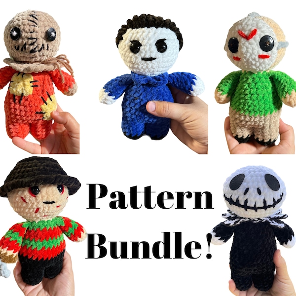 Halloween Pattern Bundle, Baby Freddy, Jason, Samson, Skeleton, Michael Crochet Patterns, PDF, Digital, Download, 5 Halloween Characters,