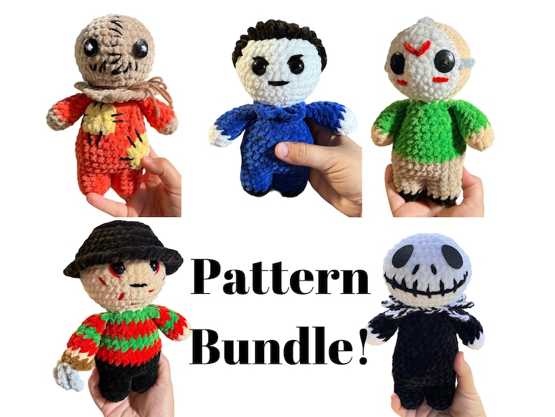 May include: Crochet pattern bundle featuring five different characters: a red and orange scarecrow, a blue and white Michael Myers, a green and beige Jason Voorhees, a red and green Freddy Krueger, and a black and white Jack Skellington. "Pattern Bundle!" is written in black text.