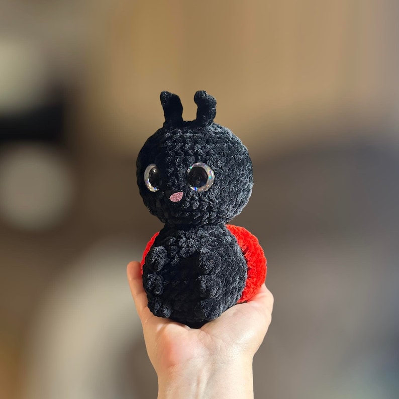 May include: A black crocheted ladybug plush toy with large googly eyes and a red shell.