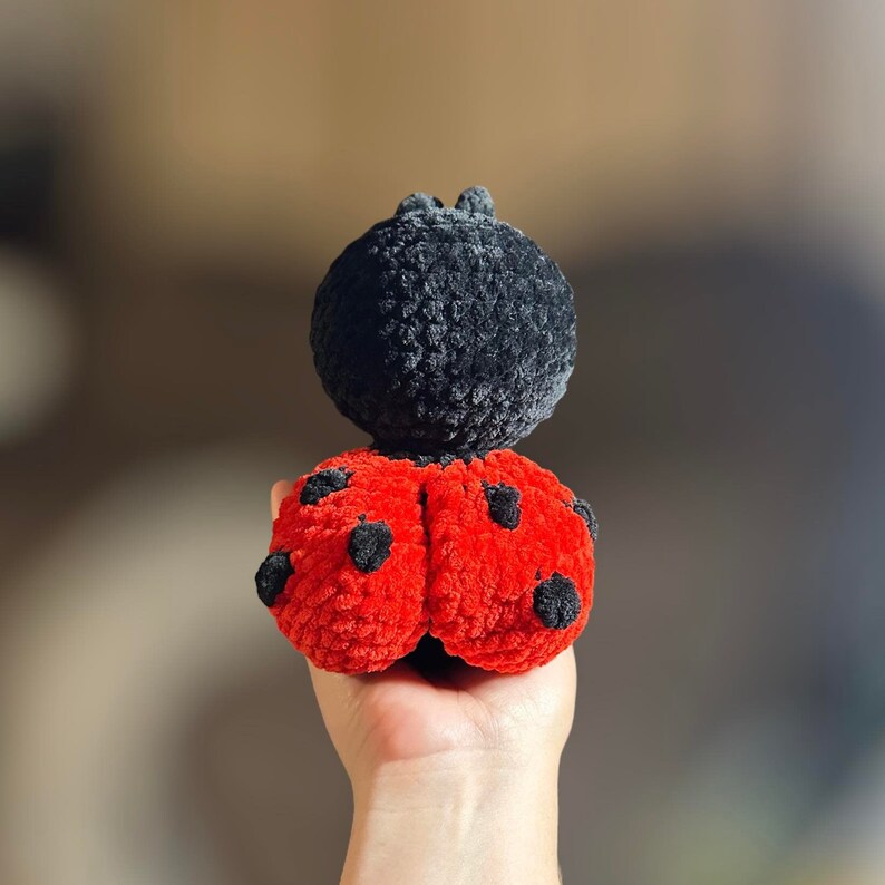 May include: A crocheted ladybug toy with a black head and red wings with black spots.
