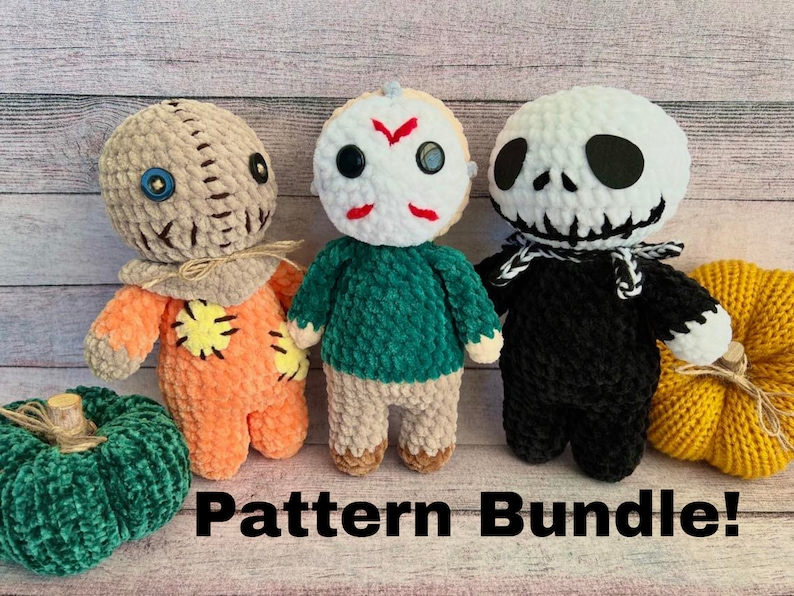 May include: Crochet amigurumi pattern bundle featuring three Halloween characters: a green and brown stitched monster, a green and brown masked figure, and a black and white skeleton with a black bandana. The pattern bundle is titled "Pattern Bundle!"