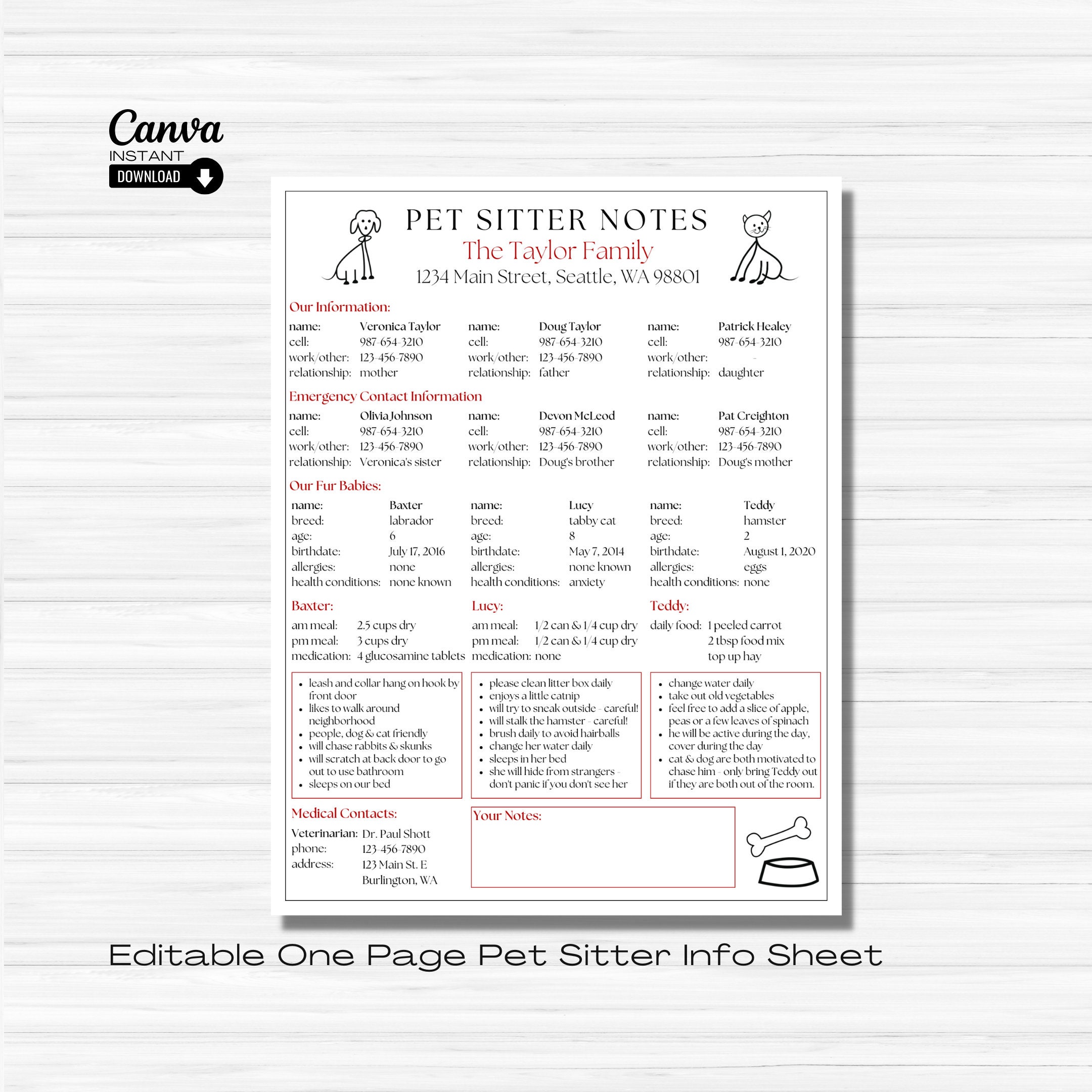 Editable Pet Sitter Notes Sheet, Printable Pet Sitter Plan, Pet