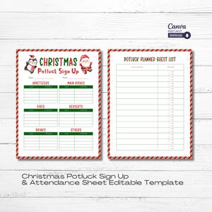 Könnte beinhalten: Druckbare Weihnachts-Potluck-Anmeldeliste mit einer Illustration von einem Pinguin und dem Weihnachtsmann. Das Blatt enthält Abschnitte für Vorspeisen, Hauptgerichte, Beilagen, Desserts, Getränke und Sonstiges. Ein separates Blatt ist für eine Potluck-Planer-Gästeliste enthalten.