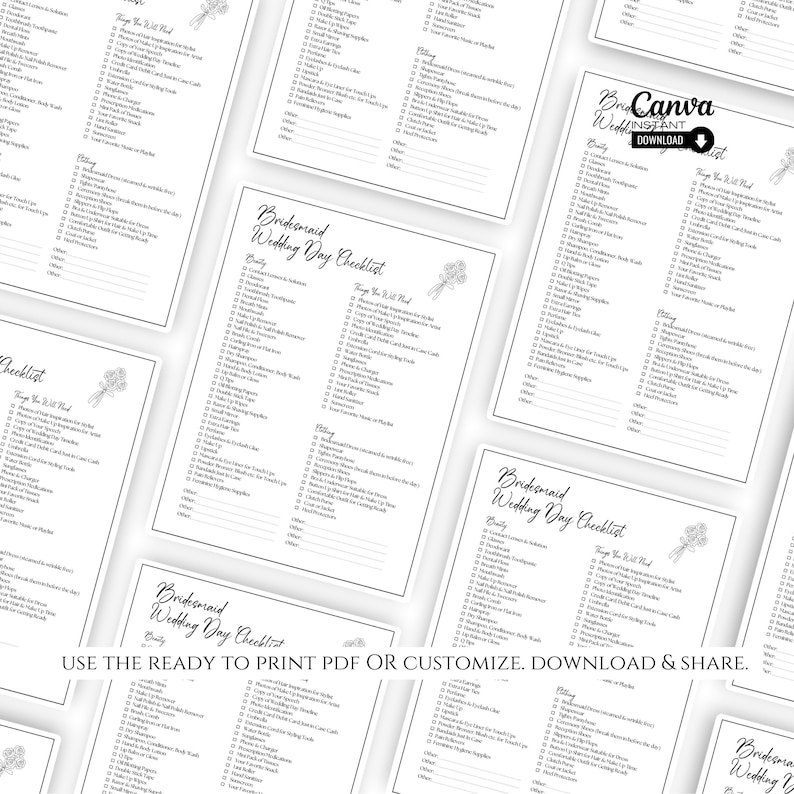 Editable Bridesmaid Wedding Day Checklist Template, Printable Wedding ...