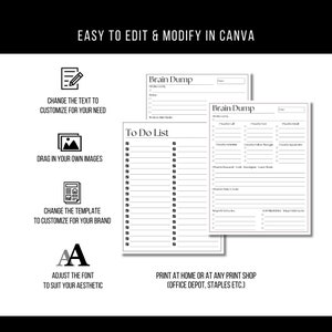 Puede incluir: Una plantilla de planificador imprimible en blanco y negro con el texto "Brain Dump" y "To Do List". La plantilla incluye secciones para "My Big Goal", "Need to List", "Need to Schedule", "Want to Research", "Want to Make/Create", "What I Want to Do", "Priorities" y "What I Need to Do".