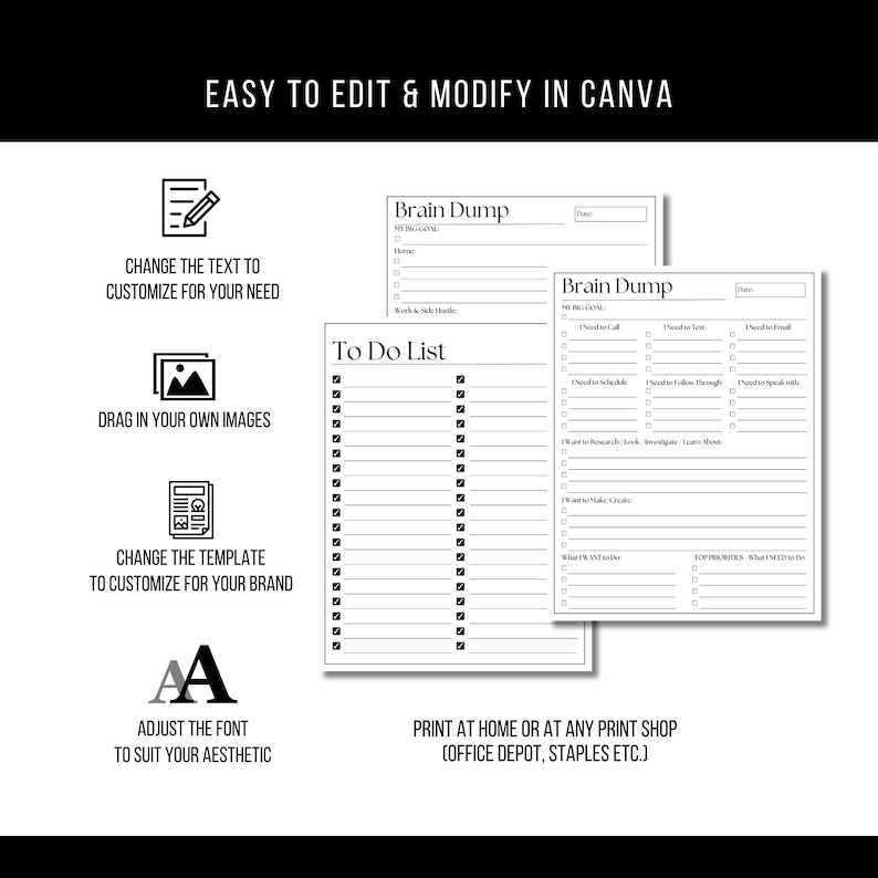 Puede incluir: Una plantilla de planificador imprimible en blanco y negro con el texto "Brain Dump" y "To Do List". La plantilla incluye secciones para "My Big Goal", "Need to List", "Need to Schedule", "Want to Research", "Want to Make/Create", "What I Want to Do", "Priorities" y "What I Need to Do".
