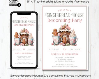 May include: A digital invitation for a Gingerbread House Decorating Party. The design features a gingerbread house, gingerbread people, and mugs of hot chocolate. The invitation is available in 5" x 7" printable and mobile formats.