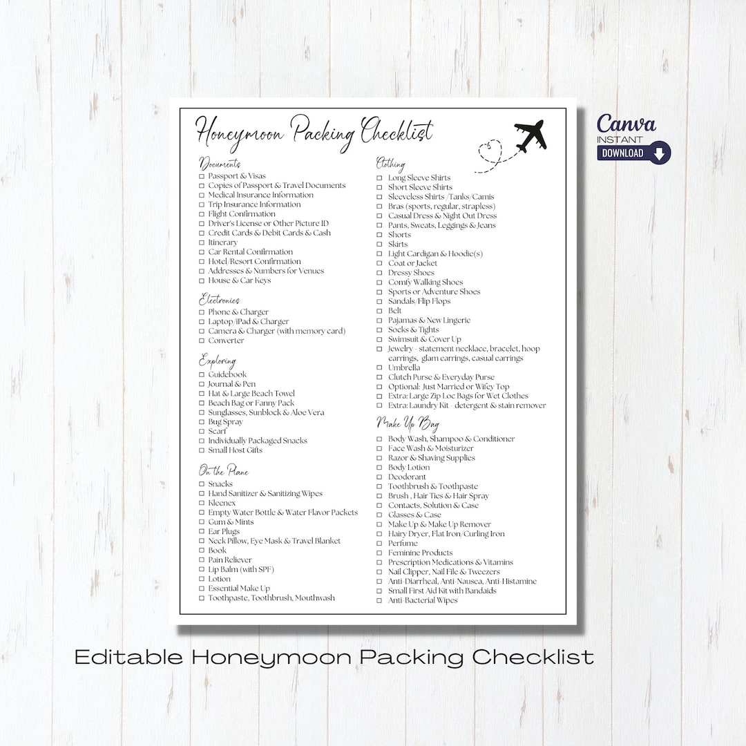 Editable Honeymoon Packing List Template, Printable Honeymoon Planner ...