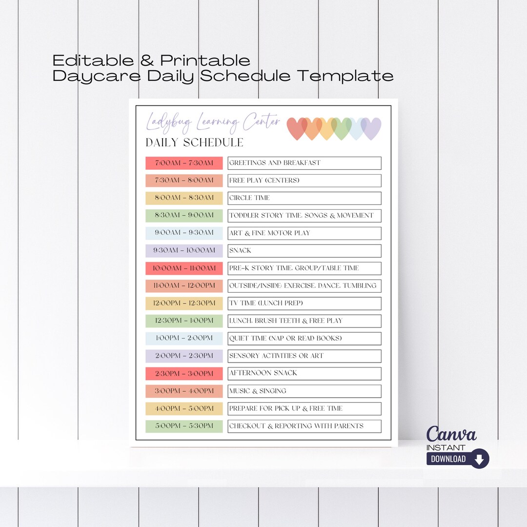 Editable Daily Daycare Schedule Template, Printable Home Daycare Form ...