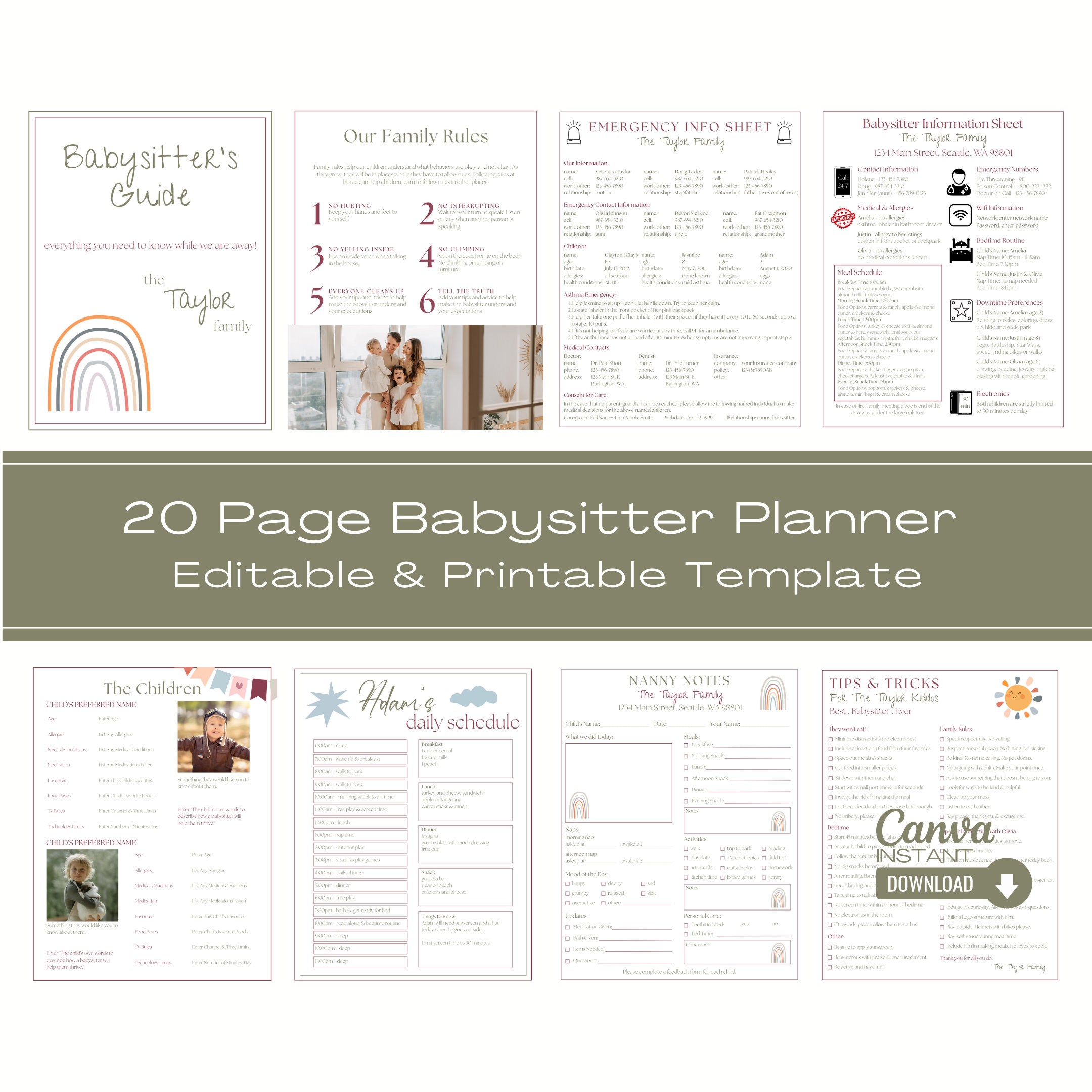 Babysitter Planner Printable, Editable Babysitter Planner, Childcare ...