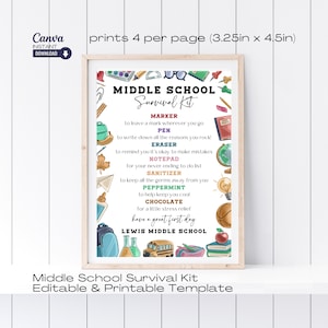 Modèle modifiable de kit de survie pour le collège, kit de survie pour étudiant imprimable, activité de retour à l'école, 6e 7e 8e année, sac de cadeaux d'école