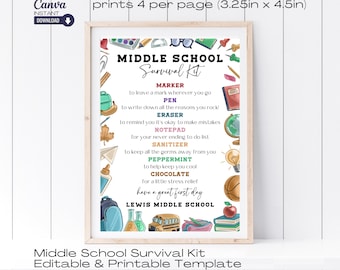 Middle School Survival Kit Printable Template (Digital Download)