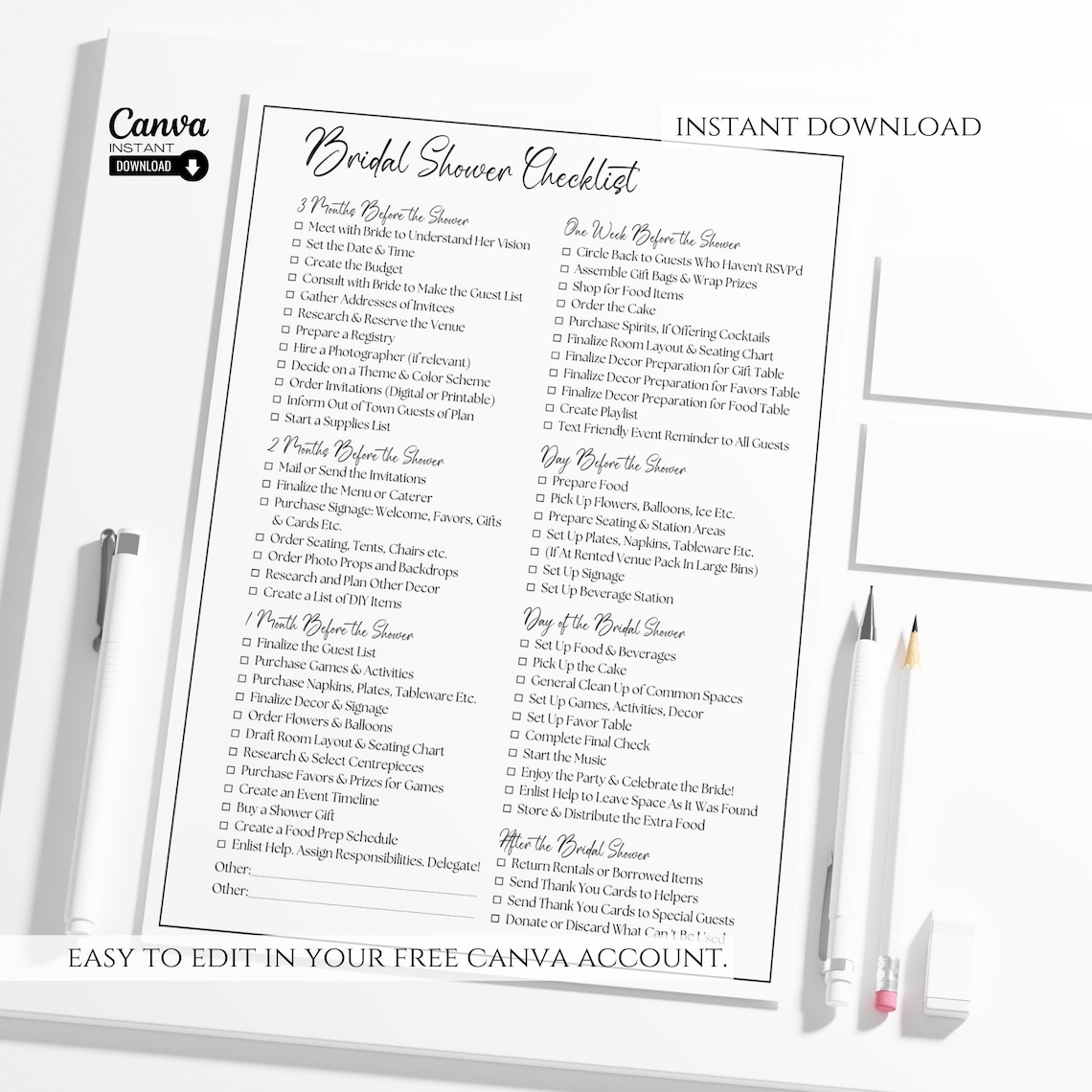 Editable Bridal Shower Planning Checklist Template, Printable Wedding
