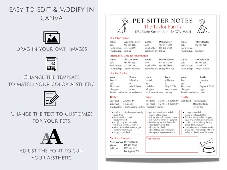 Editable Pet Sitter Notes Sheet Printable Pet Sitter Plan - Etsy