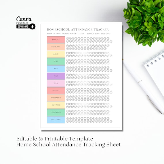 Editable Homeschool Attendance Tracker: Printable Student Record (PDF)