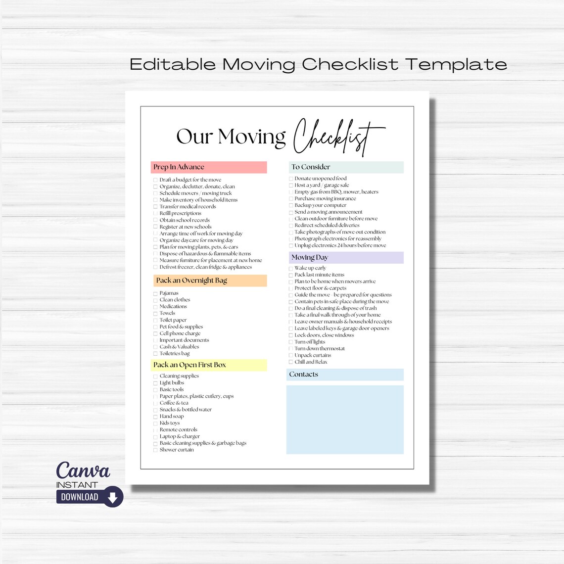 Editable Moving Checklist Printable: Relocation Planner (digital ...