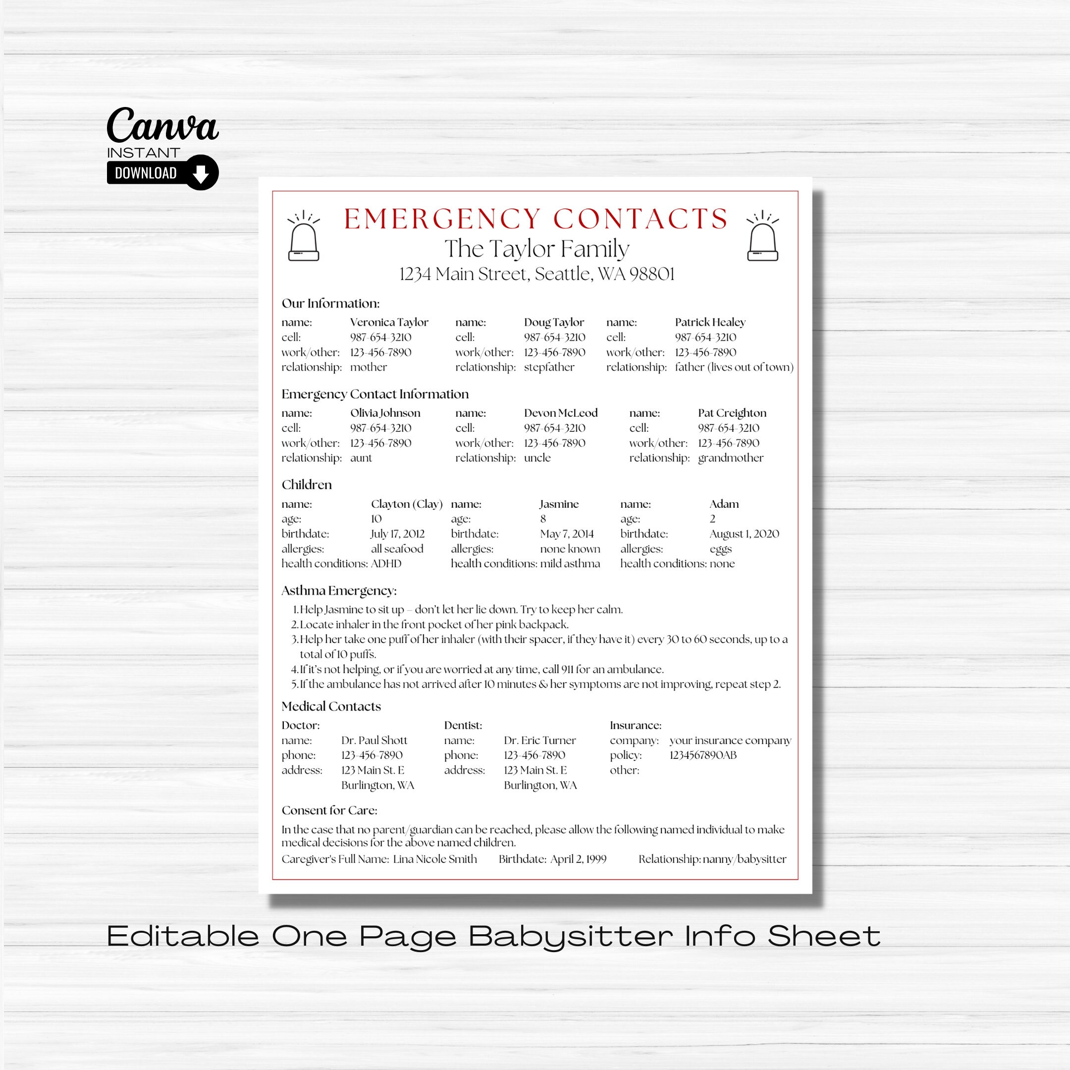 Editable Childcare Notes, Printable Babysitter Important Info Page ...