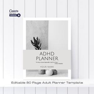 May include: A black and white image of a plant in a pot with a quote about overcoming challenges. The text reads "ADHD Planner" and "It Always Seems Impossible Until It Is Done." - Nelson Mandela. The text "YOUR NAME" is also included.
