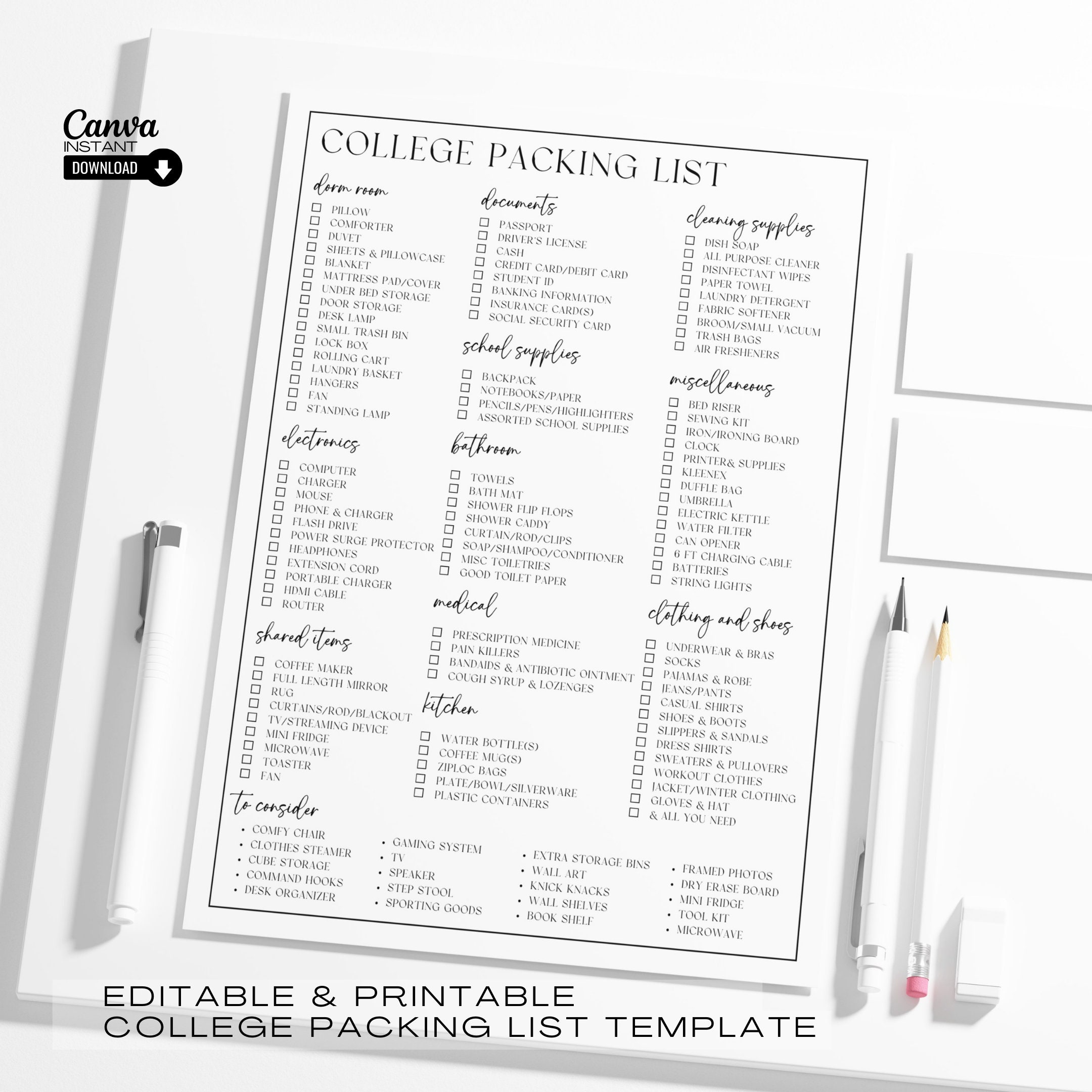 Editable College Packing List Template Back to School Moving List