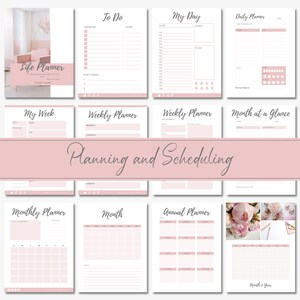 May include: A printable life planner with pink accents. The planner includes sections for to-do lists, daily, weekly, monthly, and annual planning. The planner also includes a section for "Month at a Glance".
