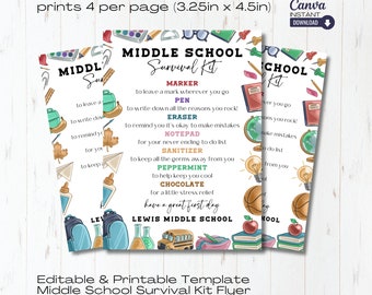 Middle School Survival Kit Template: Printable Back to School Activity (Digital Download)