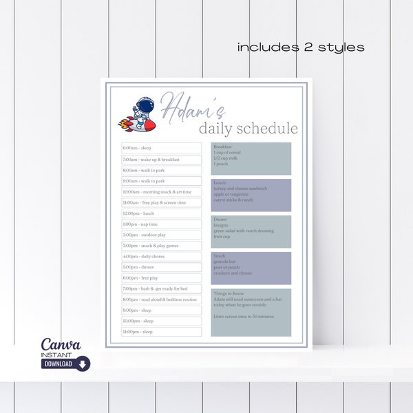 Editable Child's Daily Schedule Template, Printable Visual Schedule, Babysitter Information Sheet, Babysitter Notes, Toddler Schedule, Canva