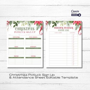 Op de afbeelding: Printbare sjablonen voor een kerstpotluck-aanmeldformulier en een gastenlijst. De sjablonen hebben een feestelijk groen en rood aquarelontwerp met hulst en kerstster.