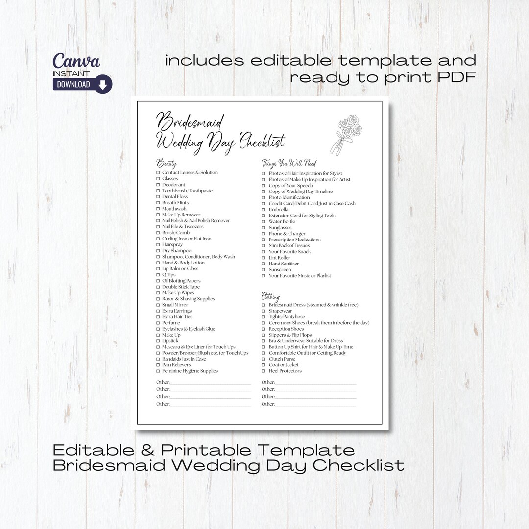 Editable Bridesmaid Wedding Day Checklist Template (printable PDF) Etsy