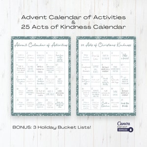 Calendário de atos de bondade de Natal para impressão, calendário de lista de balde de Natal, atividades de Natal, calendário de advento de atividades de Natal