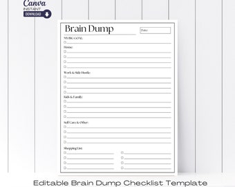 Modello di elenco attività stampabile modificabile per ADHD Brain Dump (Canva)