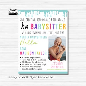 Editable Babysitting Flyer, Printable Childcare Services Flyer, About Me, Easy to Use Babysitter Flyer Canva Template, Digital Download