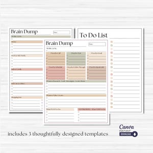 May include: Three printable planner templates with a minimalist design. The templates are titled "Brain Dump", "Brain Dump", and "To Do List". The templates feature checkboxes, lines for writing, and sections for different categories of tasks.