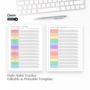 May include: A printable daily habit tracker template with a colorful design. The template includes a list of habits to track, such as drinking water, walking, meditating, and completing tasks. The template is designed to help users stay motivated and on track with their goals.