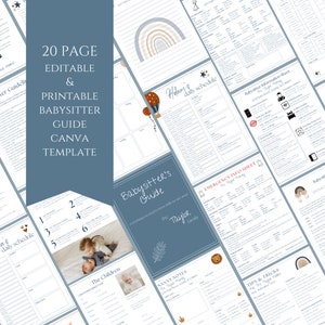 Könnte beinhalten: Eine 20-seitige druckbare Babysitter-Guide-Vorlage in Canva. Die Vorlage verfügt über ein blaues und weißes Farbschema mit Illustrationen von Regenbögen, Sternen und Heißluftballons. Der Text "Babysitter-Guide" ist auf dem Cover zu sehen.