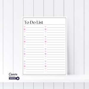 Op de afbeelding: Een witte To Do List print met een zwarte rand. De tekst "To Do List" staat bovenaan. Roze en paarse selectievakjes staan links en rechts van de lijst. Het Canva Instant Download logo staat linksonder.