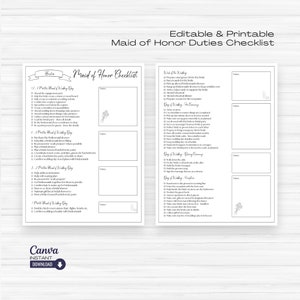 Editable Maid of Honor Checklist, Printable Maid of Honor Duties Checklist, Bridesmaid Planner Template, Wedding Planning, MOH Planner