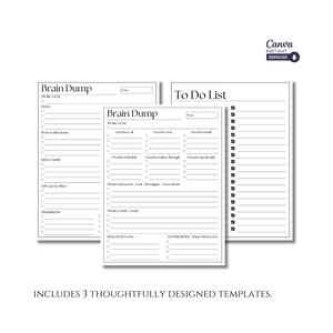 Puede incluir: Tres p&aacute;ginas de planificador imprimibles en blanco y negro con los t&iacute;tulos "Brain Dump", "Brain Dump" y "To Do List". Las p&aacute;ginas est&aacute;n dise&ntilde;adas para organizar pensamientos, ideas y tareas.