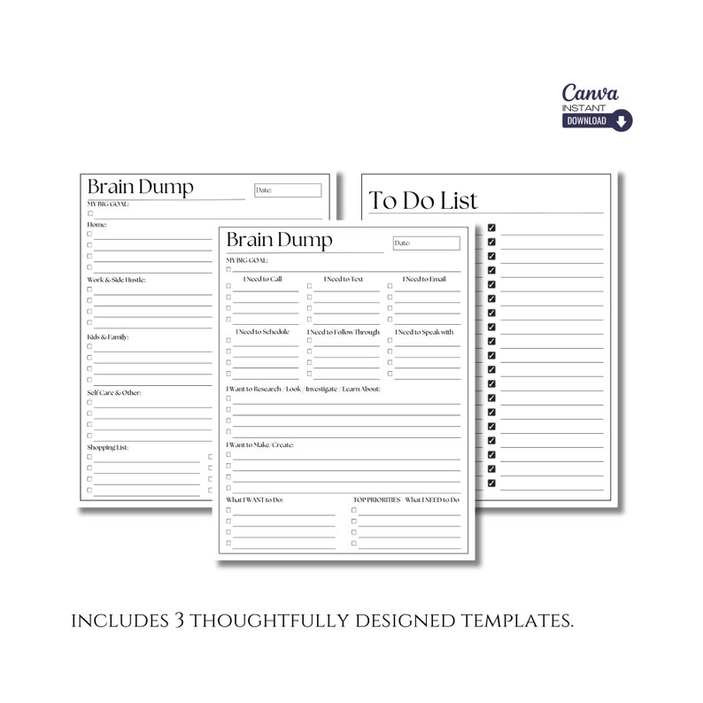 Puede incluir: Tres p&aacute;ginas de planificador imprimibles en blanco y negro con los t&iacute;tulos "Brain Dump", "Brain Dump" y "To Do List". Las p&aacute;ginas est&aacute;n dise&ntilde;adas para organizar pensamientos, ideas y tareas.