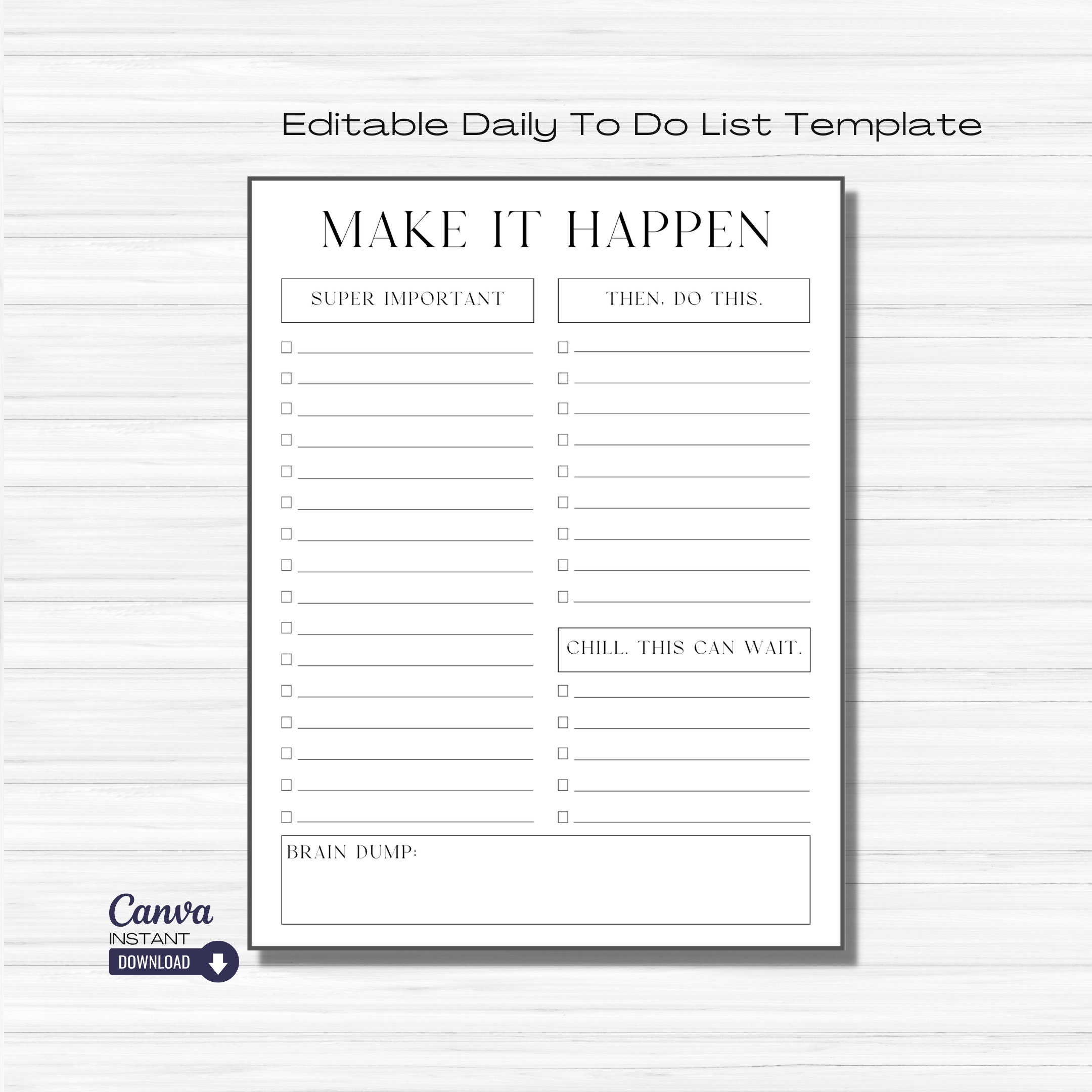 Editable Daily to Do Checklist Template, Printable Productivity Planner