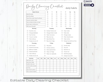 Könnte beinhalten: Eine schwarz-weiße druckbare tägliche Reinigungscheckliste mit einem Raster für jeden Tag der Woche und des Monats. Die Checkliste enthält tägliche Aufgaben wie Bett machen, Geschirr spülen und Staubsaugen sowie wöchentliche und monatliche Aufgaben.