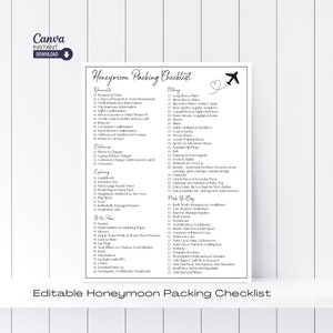 Editable Honeymoon Packing List Template, Printable Honeymoon Planner, Vacation Packing Checklist, Packing Checklist, Travel Packing List