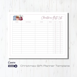 Editable Christmas Gift Planner Fillable Template, Printable Holiday Present List, Christmas Gift Ideas, Digital Download, Canva