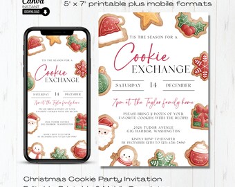 Editable Christmas Cookie Exchange Invitation, Printable Baking Party Evite (Mobile & 5x7 Template)