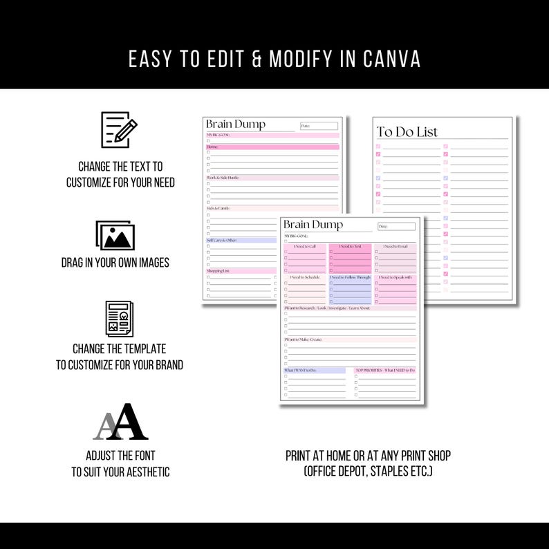 Op de afbeelding: Een verzameling afdrukbare planner sjablonen met roze en blauwe accenten, waaronder "Brain Dump" en "To Do List" ontwerpen. De afbeelding bevat ook instructies over het bewerken en wijzigen van de sjablonen in Canva, met de tekst "Easy to Edit & Modify in Canva".