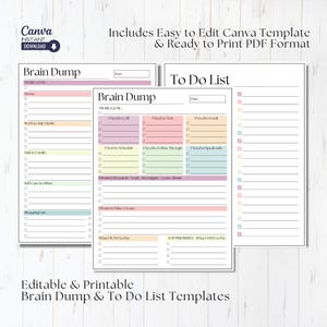 Op de afbeelding: Printbare brain dump- en to-do-lijst sjablonen in een pastelkleurenschema. De sjablonen bevatten secties voor "Mijn grote doel", "Moet bellen", "Moet testen", "Moet e-mailen", "Moet plannen", "Moet volgen", "Moet spreken met", "Wil onderzoeken, kijken, onderzoeken, leren", "Wil maken, creëren", "Wat ik wil doen", en "Top prioriteiten: Wat ik nodig heb".