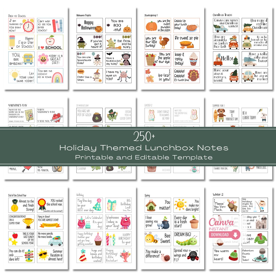Editable Holiday Christmas Lunch Box Notes Template, Printable Kids ...