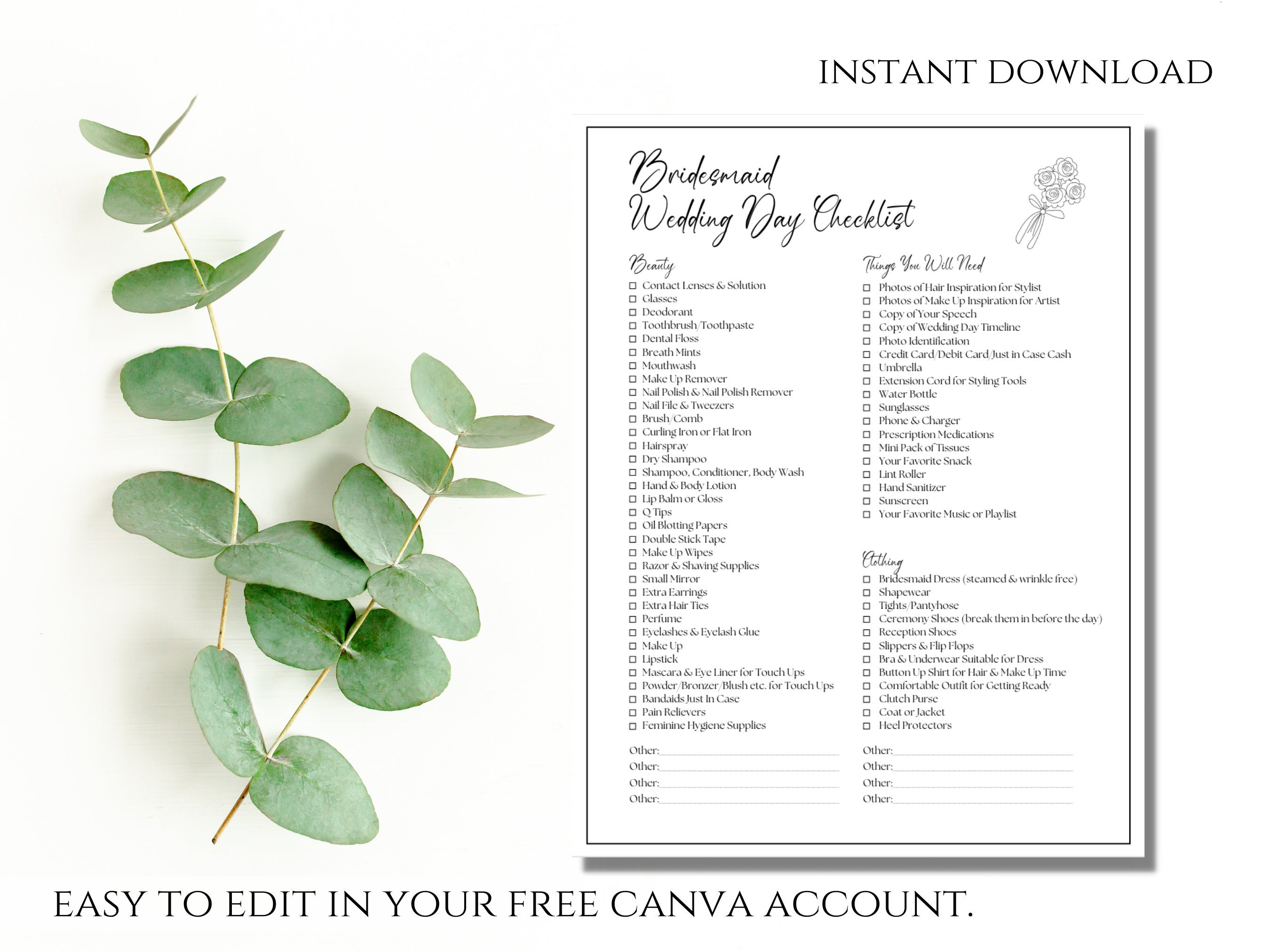 Editable Bridesmaid Wedding Day Checklist Template Printable - Etsy