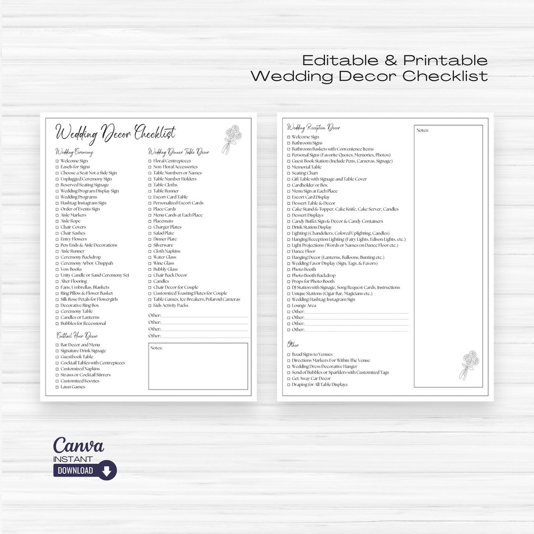 Editable Wedding Decor Checklist Template, Printable Wedding Checklist ...