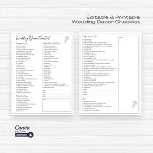 Edytowalny szablon listy kontrolnej dekoracji ślubnych, drukowana lista kontrolna ślubna, szablon planisty ślubnego, lista kontrolna planowania, dekoracje ślubne