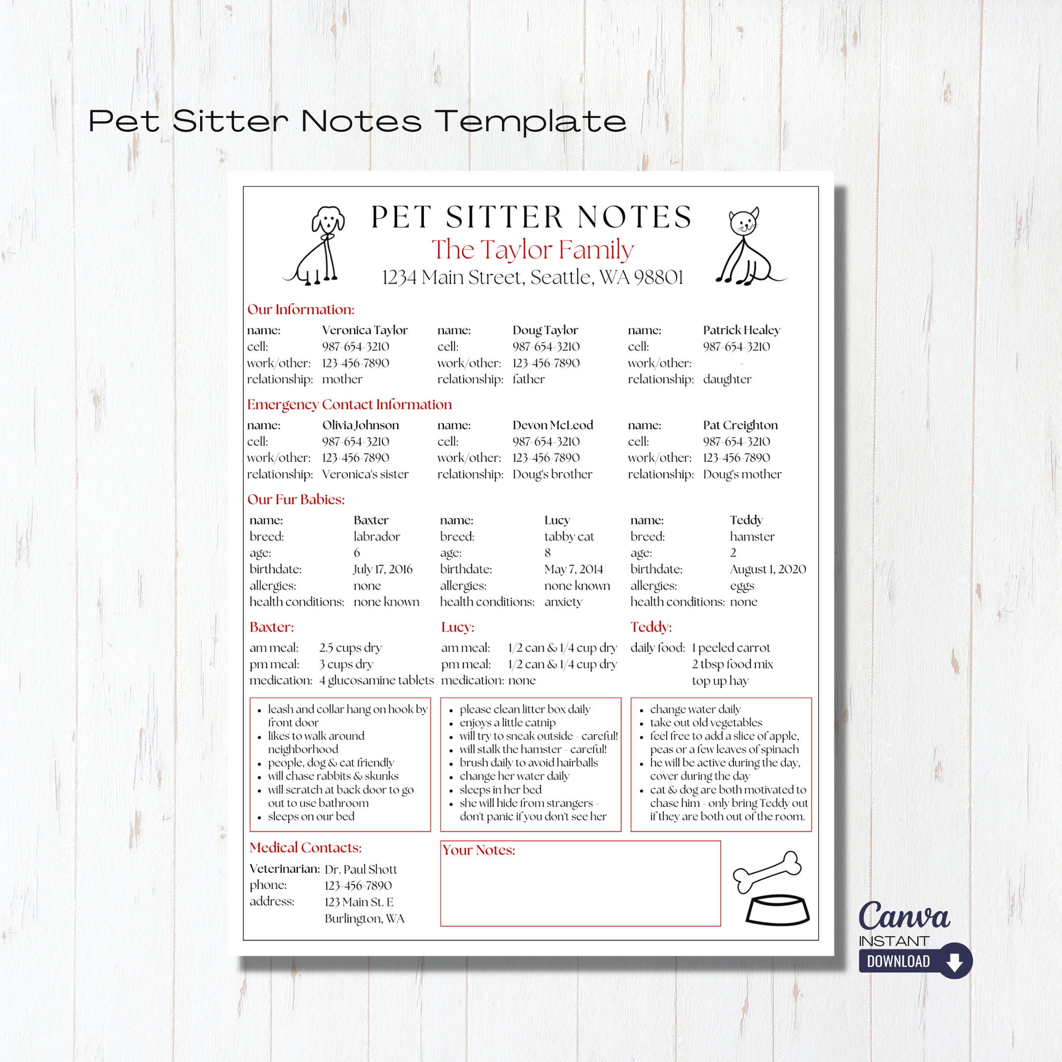 Editable Pet Sitter Notes Sheet, Printable Pet Sitter Plan, Pet Instructions Template, Pet ...